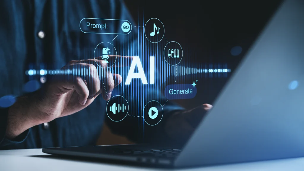 Pessoa interage com uma interface digital de Inteligência Artificial junto a um computador portátil, com opções de prompt e geração de conteúdos de áudio, música e vídeo.