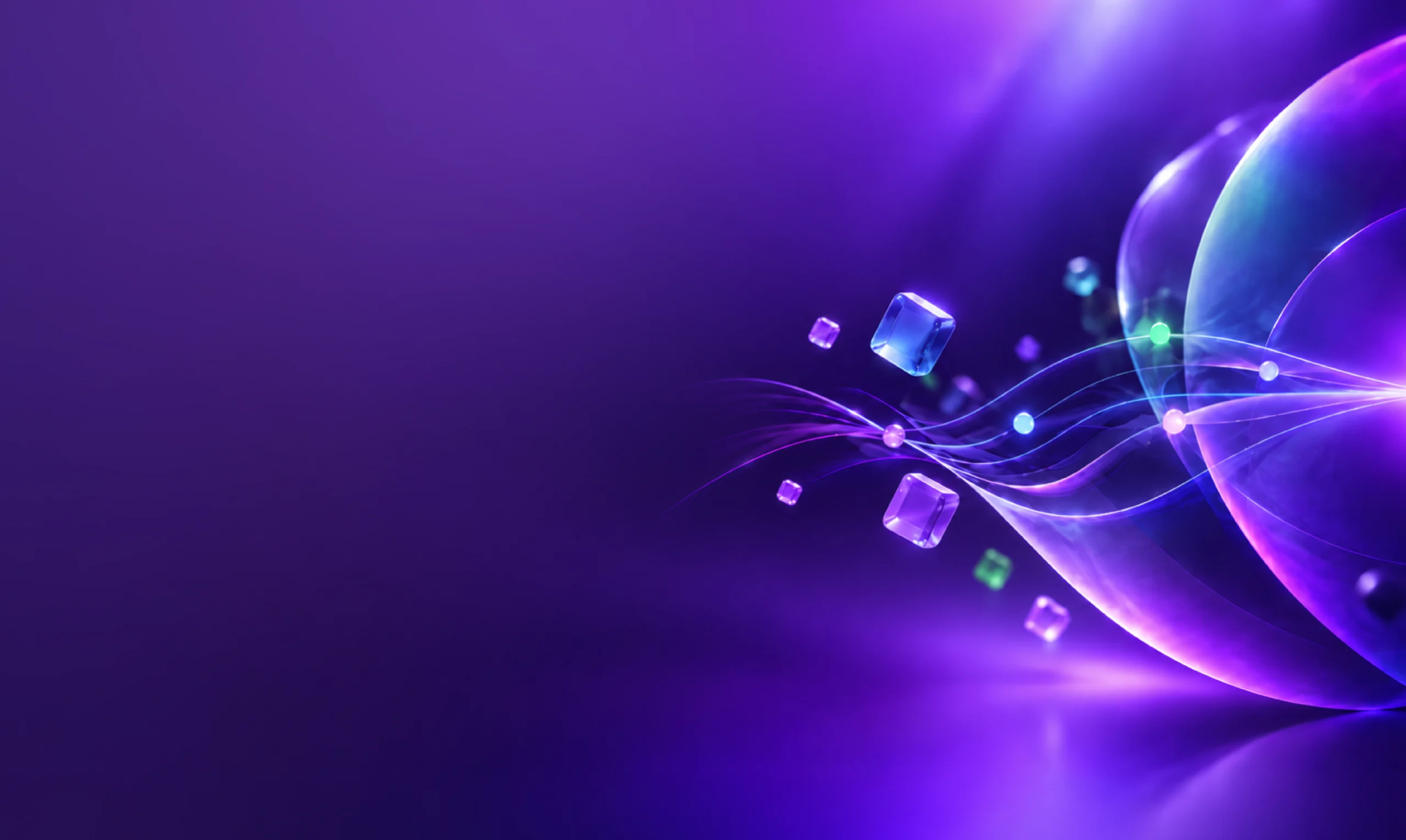 Visual abstrato em tons de roxo e azul com formas tridimensionais, cubos e linhas luminosas interligadas, representando processos, equipas e tecnologia conectados.