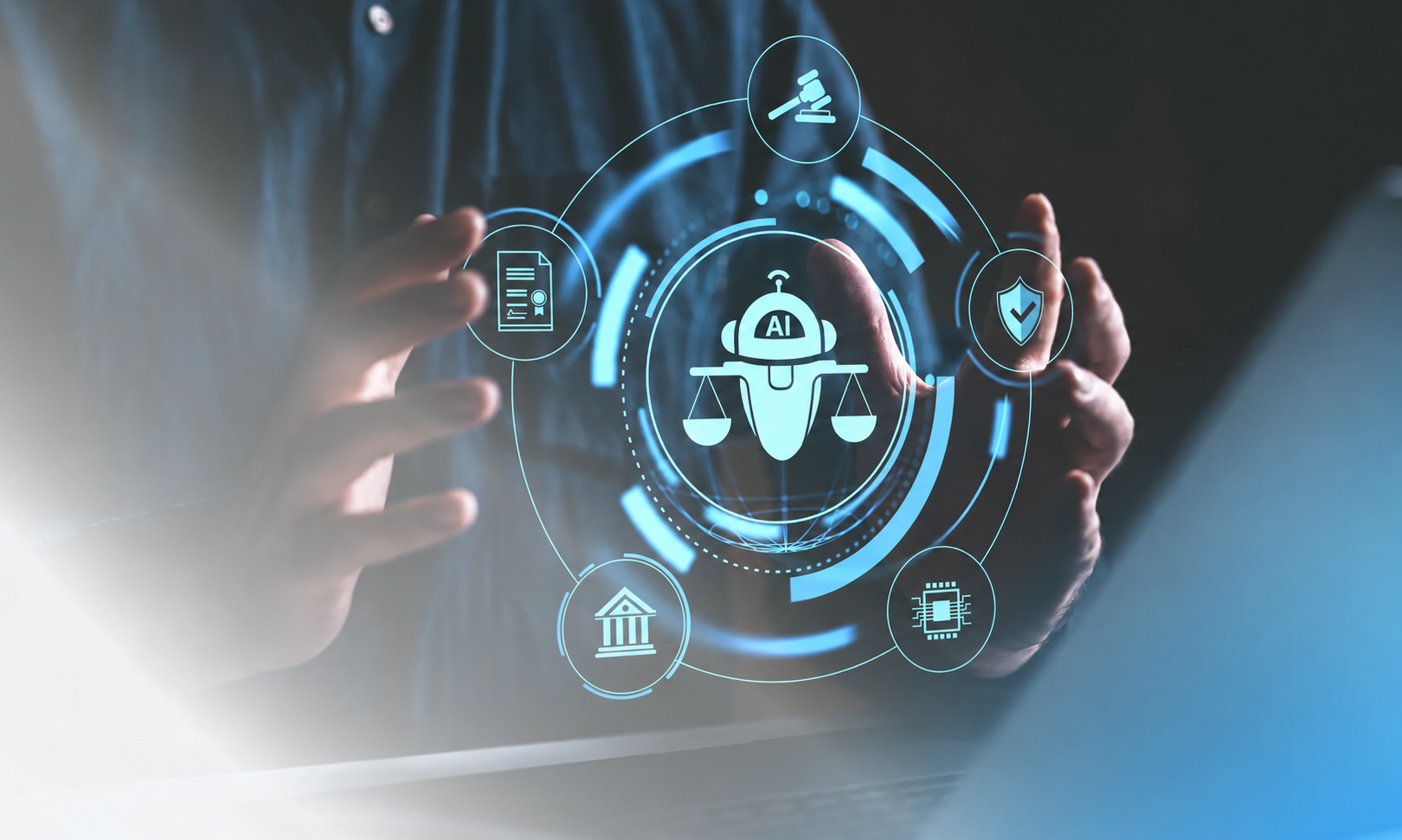 Representação visual da inteligência artificial aplicada ao setor jurídico, com uma interface holográfica que integra símbolos de justiça, segurança, conformidade e tecnologia, ilustrando a utilização responsável da IA.