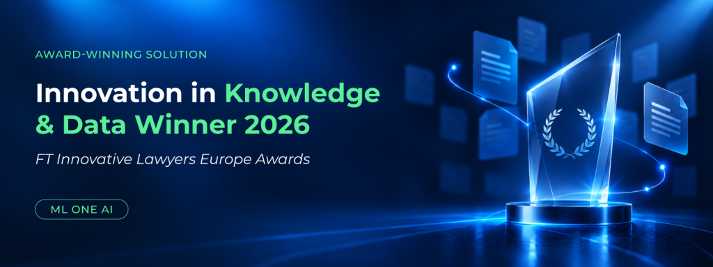 ML One AI banner highlighting its Innovation in Knowledge & Data win at the 2026 FT Innovative Lawyers Europe Awards, featuring a digital trophy surrounded by documents.