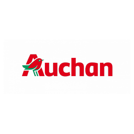 Logótipo da Auchan, com o nome da marca em vermelho e o símbolo de um pássaro estilizado em vermelho e verde, sobre fundo branco.